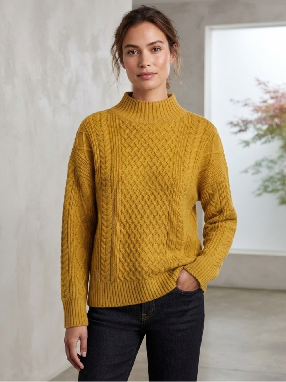 J.Crew Cotton Cable Knit Mockneck Sweater Mustard Yellow Marigold Chunky Cozy S